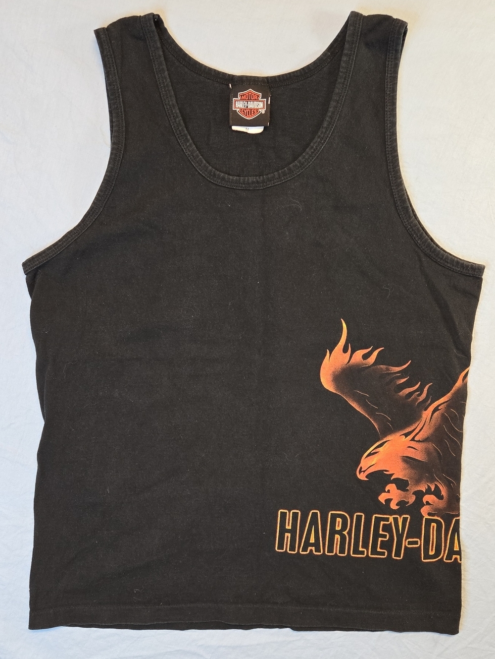 Harley-Davidson Black Tank  Muscle Shirt with Orange Flaming Eagle Vintage 90s